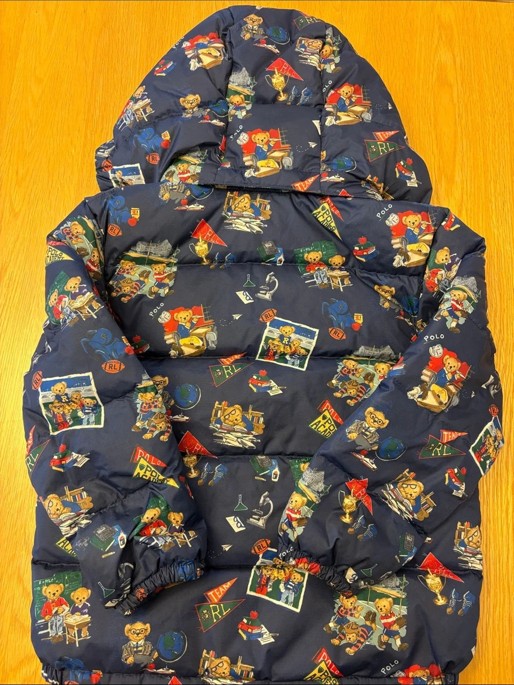 Ralph Lauren Polo Hooded Kids Puffer Down Jacket with Polo Bear Print, Size 6